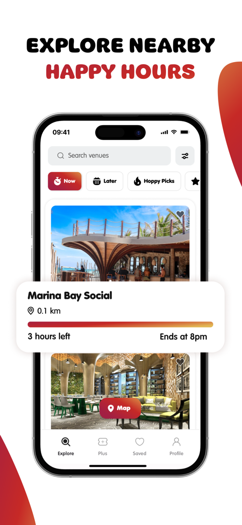 Hoppy: Spend Less, Do More. - Hoppy-App-Oberfläche, die nahegelegene Happy-Hour-Angebote und Veranstaltungsdetails mit einem Countdown-Timer anzeigt