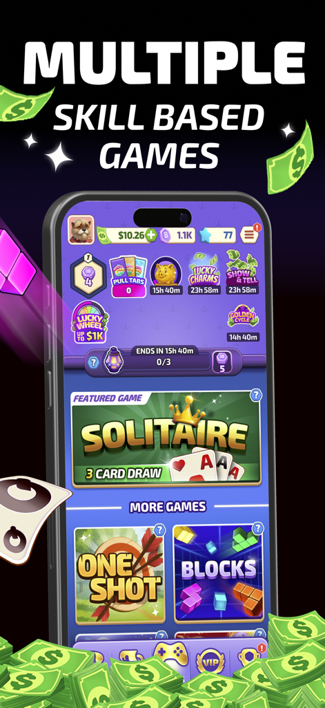 Cash Legends™: Win Real Money - Uma tela de celular mostrando o lobby do aplicativo Cash Legends com vários jogos baseados em habilidade como Paciência e Blocos para dinheiro real.