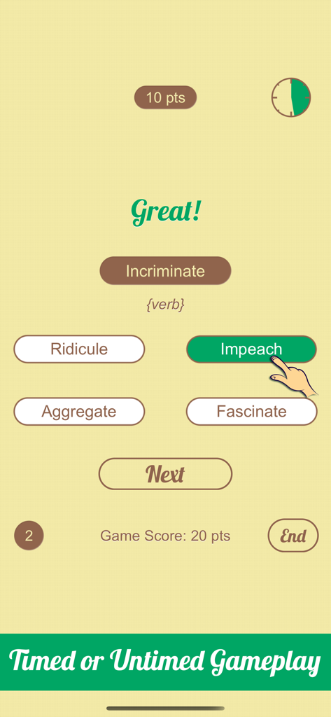 Synonyms Quiz - 類義語クイズアプリのスクリーンショット。incriminateという動詞の類義語を問う多肢選択問題で、正しい答えはimpeachが選択されています。