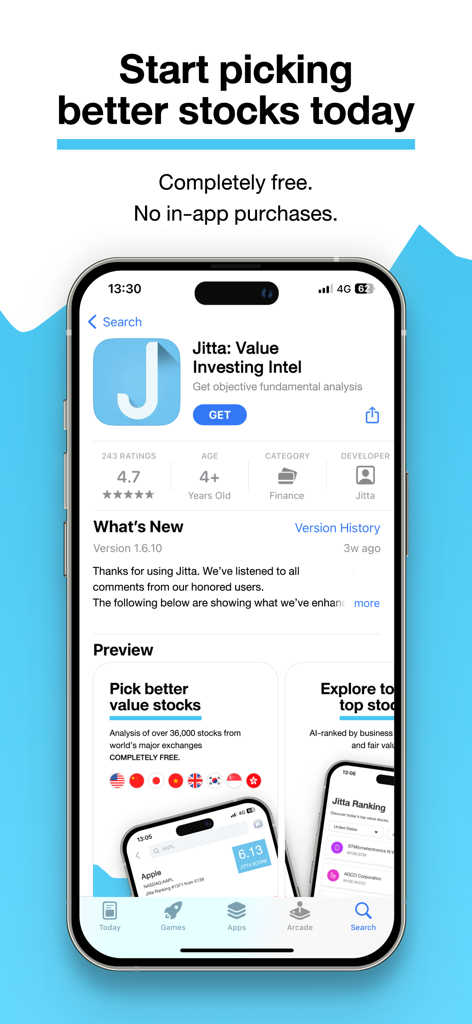 Jitta: Value Investing Intel - Smartphone que muestra la aplicación Jitta Value Investing Intel en la App Store de Apple