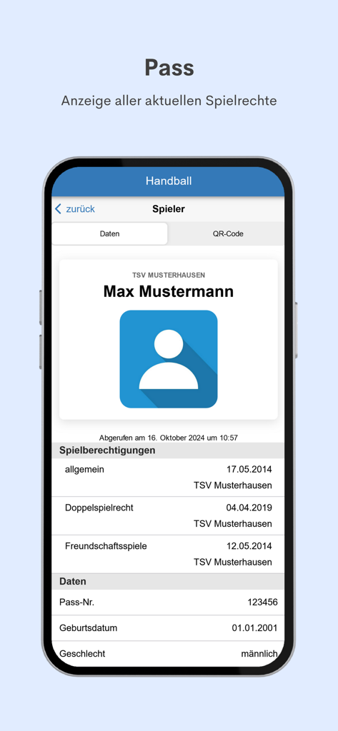H4A App - Digital player ID card interface in the H4A handball app