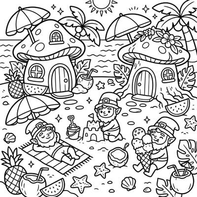 Bring vibrant hues to this enchanting scene of leprechauns enjoying a sunny summer vacation on the beach. Discover charming leprechaun cottages nestled amongst palm trees, with playful leprechauns building sandcastles and savoring ice cream.