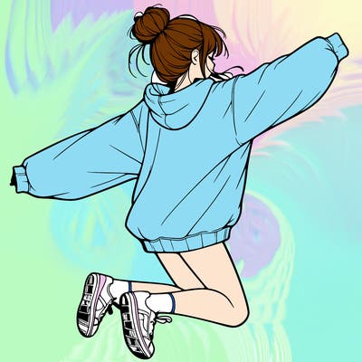 realistic girl jumping with a bun and oversized sweatshirt