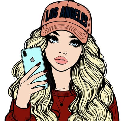 realistic beautiful girl wearing los ángeles cap holding an iphone