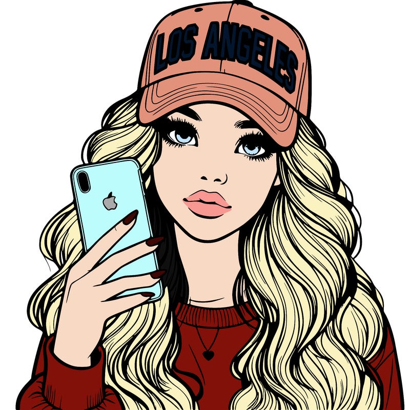 realistic beautiful girl wearing los ángeles cap holding an iphone