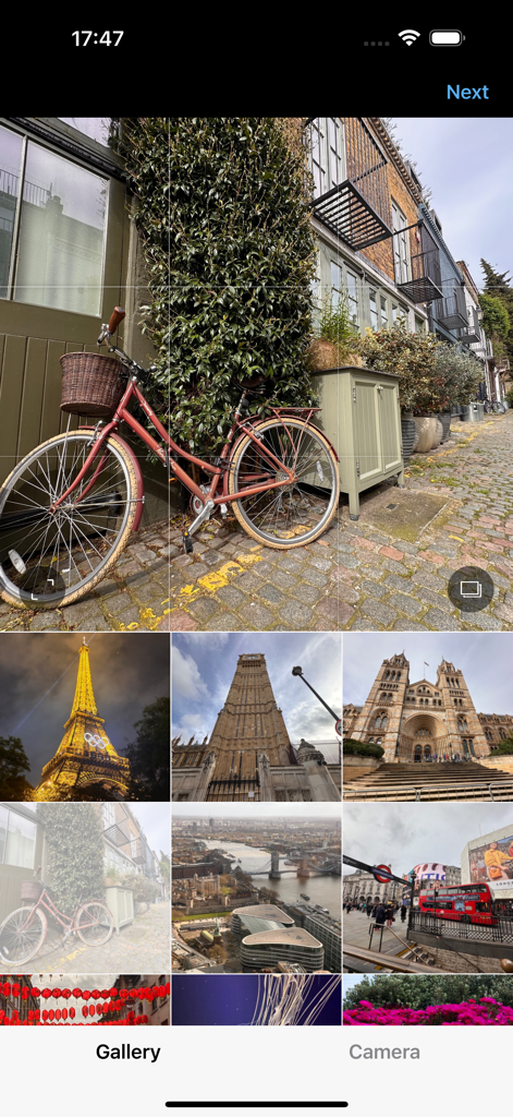 Camera Eye (Former Easy Calc) - Mobile app interface of the Camera Eye gallery showing a collection of private travel photos and a red bicycle.