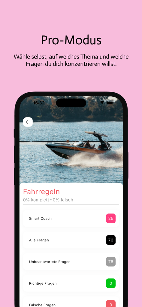 Bootsprüfung Schweiz 2025 - 스위스 보트 시험의 프로 모드 및 운전 규칙 카테고리를 보여주는 모바일 앱 화면