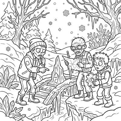 Discover a captivating coloring page featuring intelligent zombies braving a beautiful, icy winter landscape. Watch as they use their smarts to overcome snowy obstacles and explore a frozen world.