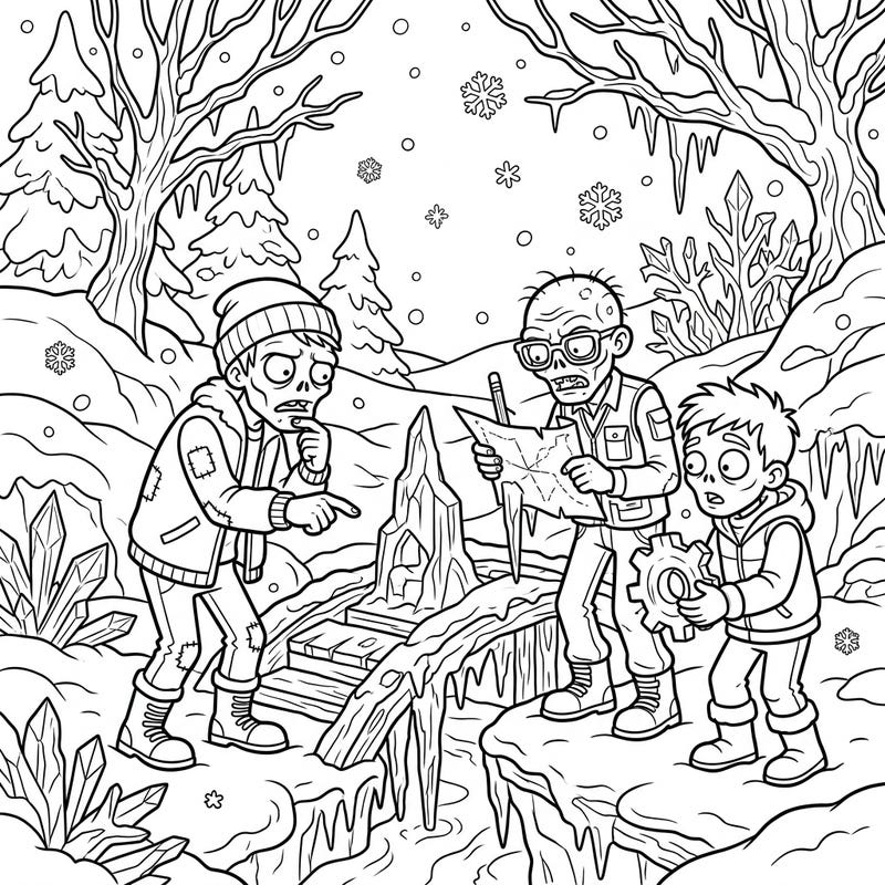 Discover a captivating coloring page featuring intelligent zombies braving a beautiful, icy winter landscape. Watch as they use their smarts to overcome snowy obstacles and explore a frozen world.