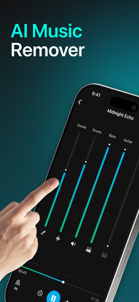 Interface of VoxOff app showing AI stem separation sliders for vocals and instruments