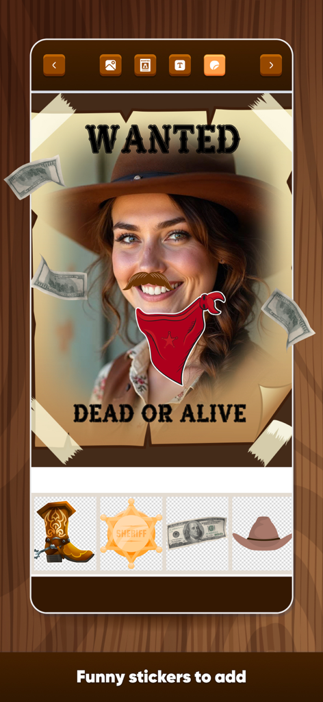 Screenshot der Benutzeroberfläche der App Wanted Poster wild west, der lustige Sticker wie einen Schnurrbart und ein Bandana zeigt, die zu einem Foto hinzugefügt wurden