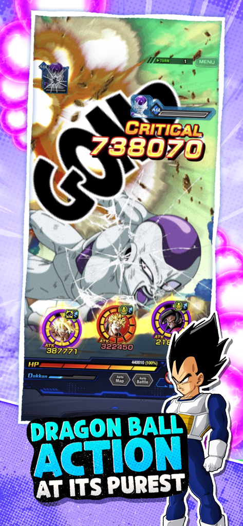 DRAGON BALL Z DOKKAN BATTLE - Cena de batalha cheia de ação em Dragon Ball Z Dokkan Battle com Freeza sofrendo dano e Vegeta em primeiro plano