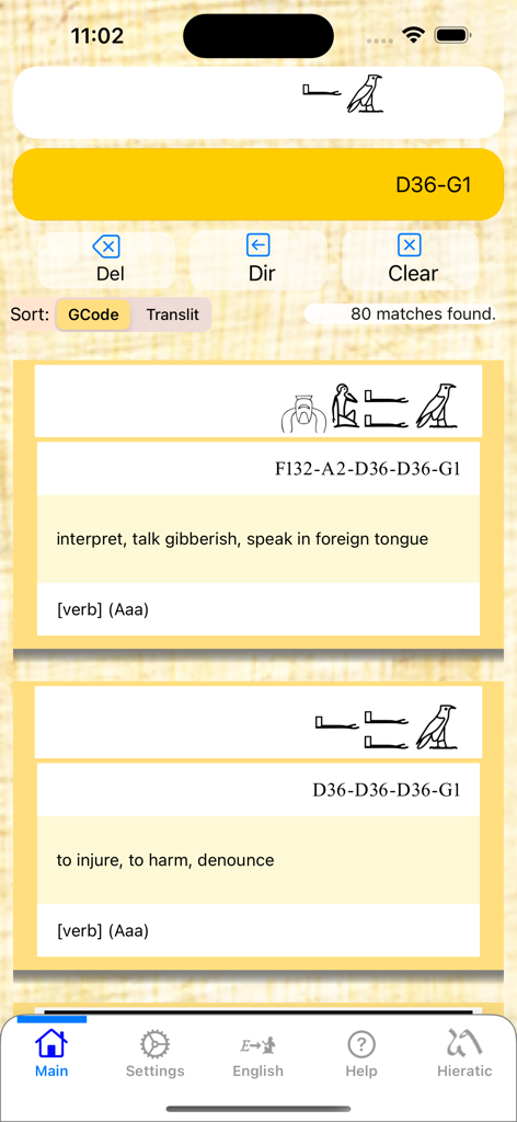 Hieroglyph Pro - Hieroglyph Pro app interface showing search results for ancient Egyptian hieroglyphs with English translations and Gardiner codes.