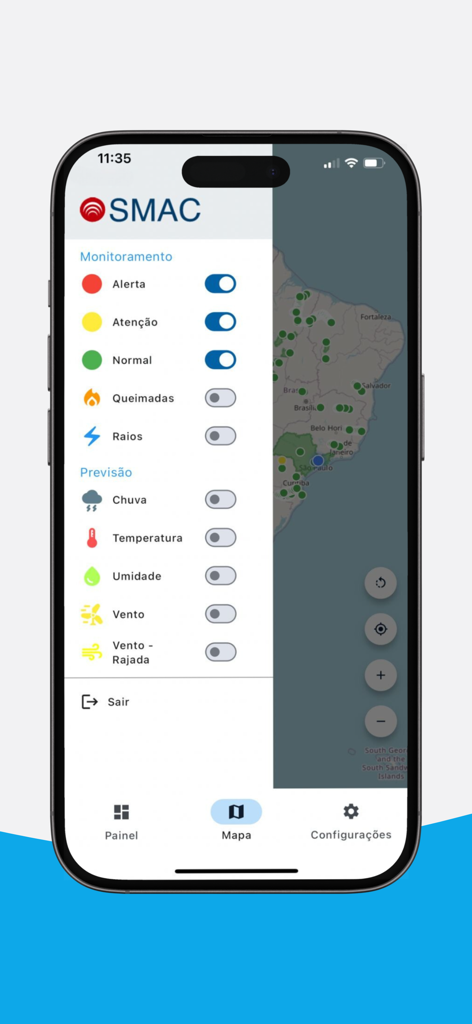 SMAC - SMACアプリのダッシュボードには、天気監視アラートと予測マップが表示されています。