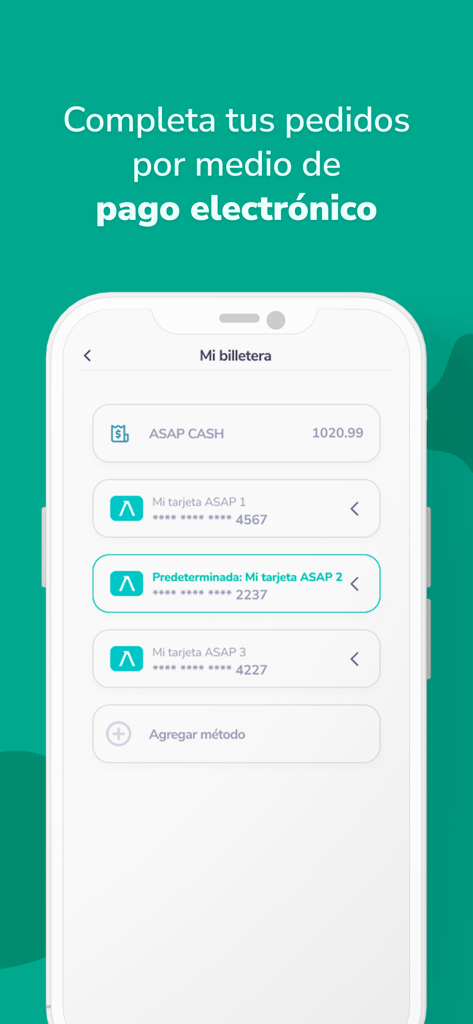 ASAP app digital wallet interface for secure electronic payment using saved credit cards