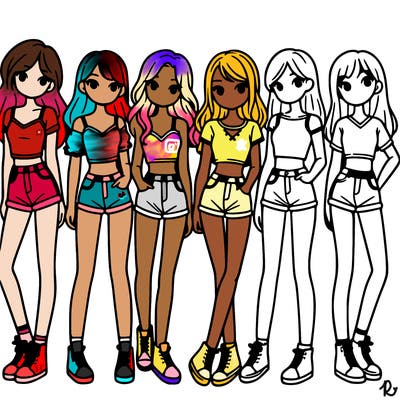 a group of girls wearing crop tops and shorts