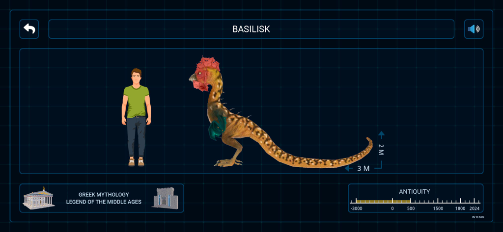 Myths & Legends (Full Version) - Uma interface educacional mostrando uma comparação de tamanho entre um humano e um basilisco mítico com linha do tempo histórica