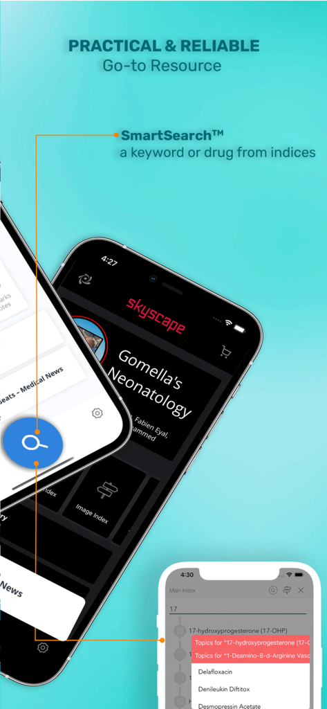 Gomella's Neonatology - Screenshot of the Gomella Neonatology app highlighting the SmartSearch feature for quick medical term and drug lookups