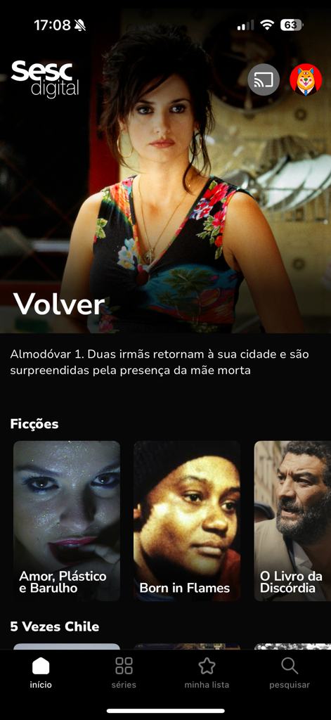 Sesc Digital - Sesc Digital app home screen featuring the movie Volver and a section for fiction films