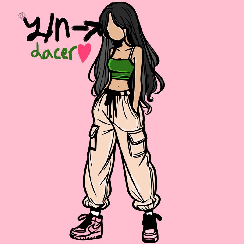 girl in baggy pants crop top and long hair