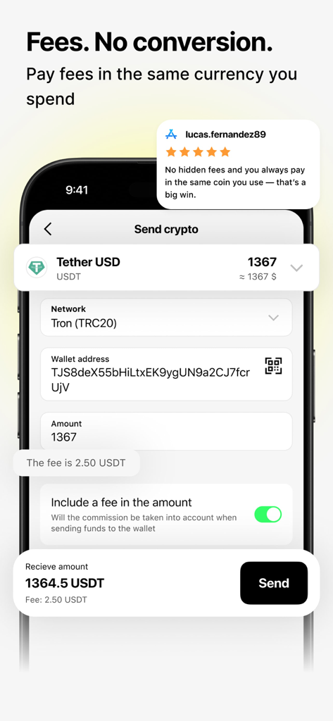 Cropty wallet – Bitcoin & USDT - Cropty wallet app interface for sending USDT with transparent fees in the same currency