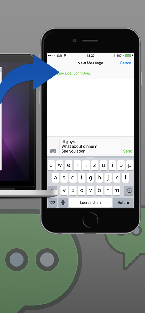 Web Browser SMS - Graphic showing a blue arrow transferring data from a computer to an iPhone messaging screen