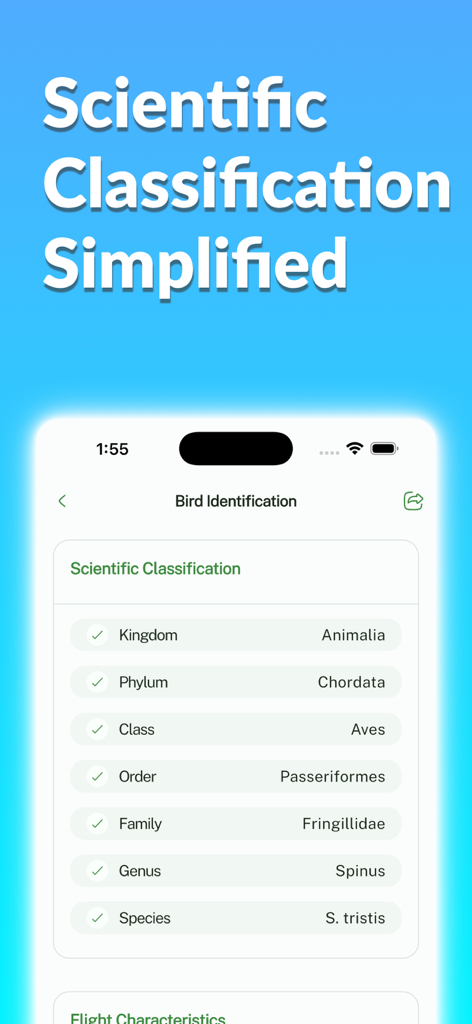 Mobile app screen showing the scientific classification of a bird including genus and species
