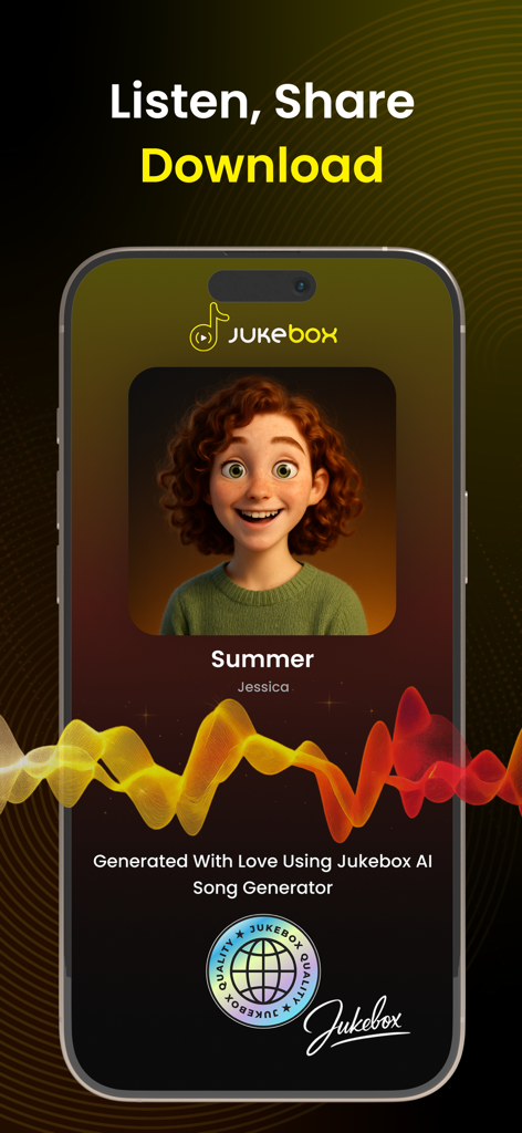 Interface of Jukebox AI song generator app showing a generated track titled Summer with colorful audio waves