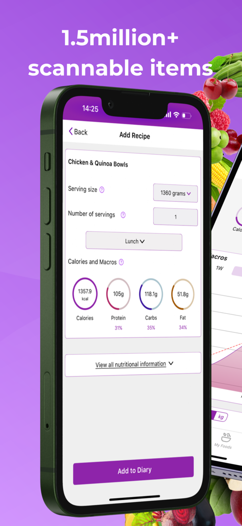 Macro Sync - Macro Sync mobile app displaying the recipe builder interface with a detailed calorie and macronutrient breakdown for a meal