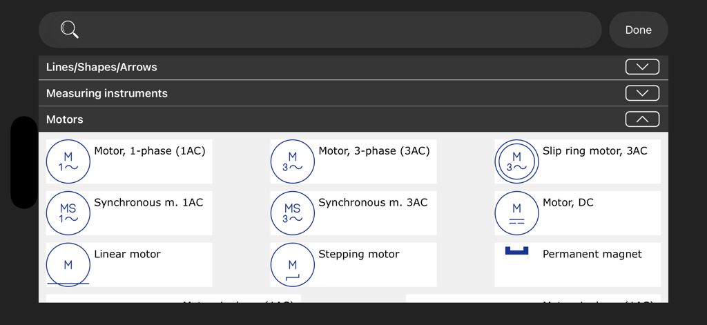 Una biblioteca de símbolos de motores IEC para diagramas eléctricos en la aplicación Circuit Planner