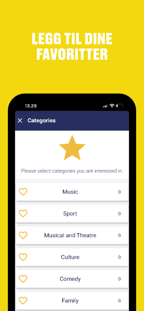 Eventim Norge - Eventim Norge app category selection screen showing various event types like music and sport with heart icons
