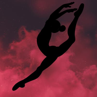 gymnast doing a leap in a leotard with a bent back leg