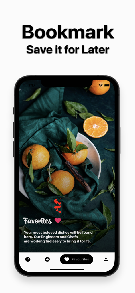 Mojave - Food - Mojave Foodアプリのお気に入り画面に、レシピのブックマーク機能が表示されている