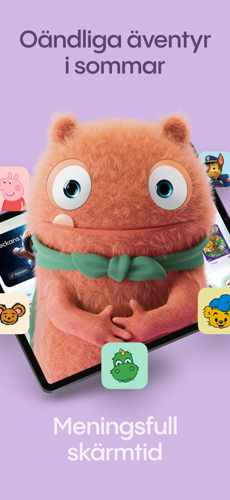 Lylli: Tusentals barnböcker - Lylli digital book app for kids showing a furry character and icons for Peppa Pig and Paw Patrol