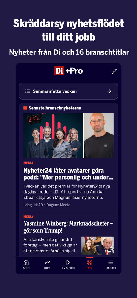 Dagens industri - Screenshot of the Dagens industri app showing the Di Plus Pro section with a customized industry news feed for business professionals.