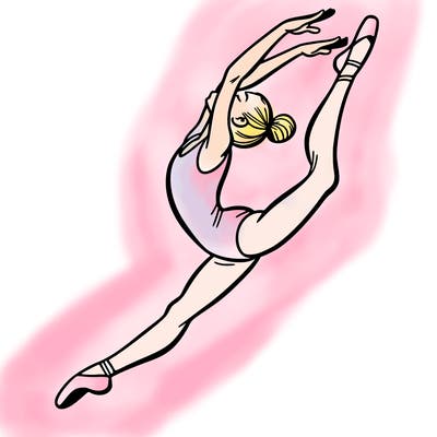 gymnast doing a leap in a leotard with a bent back leg