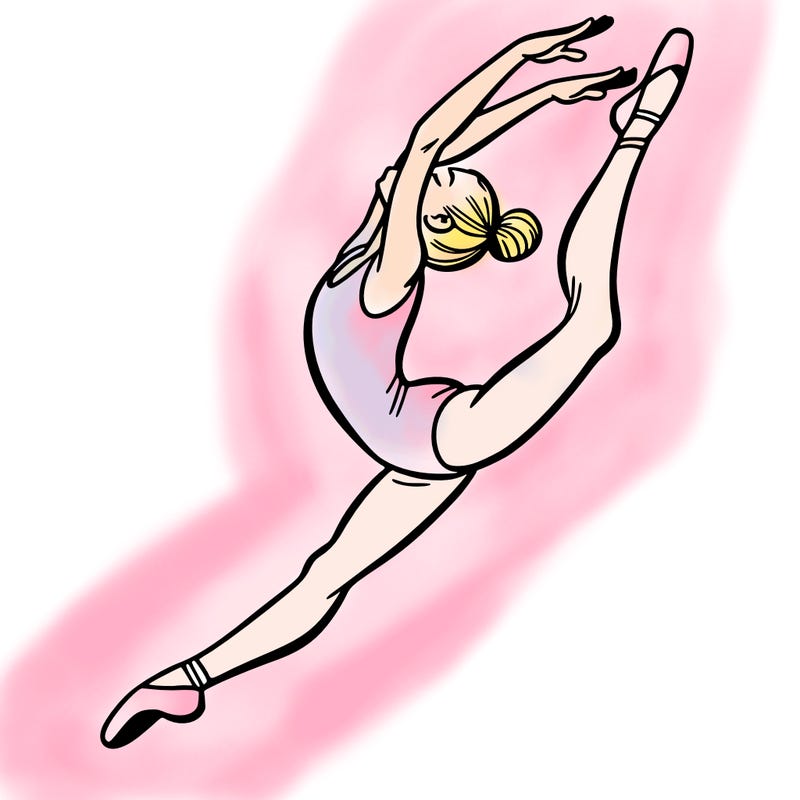 gymnast doing a leap in a leotard with a bent back leg