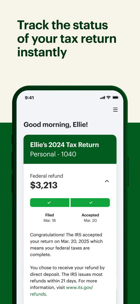 Smartphone display of the MyBlock app tracking the status of a 2024 federal tax return with a refund amount.