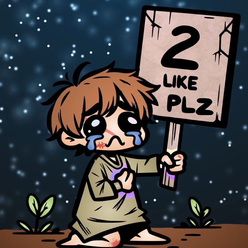 small poor toddler crying with sign that says 2 like plz
