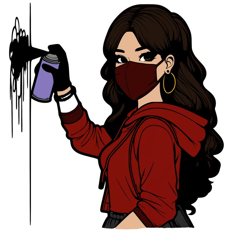 realistic girl with mask spray painting a wall