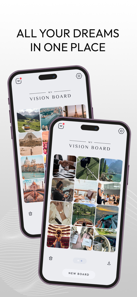 Two smartphones displaying a digital vision board with aesthetic images of travel and lifestyle goals