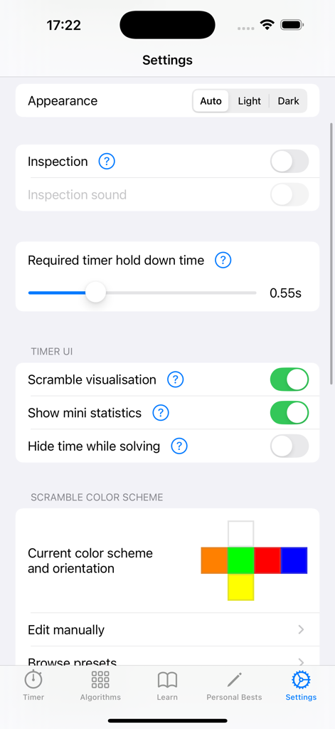 The Cube App Pro - Écran des paramètres de The Cube App Pro pour personnaliser l'interface du chronomètre et les schémas de couleurs