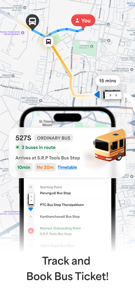 Chennai One - Chennai One app interface displaying real-time bus location on a map and estimated arrival times.