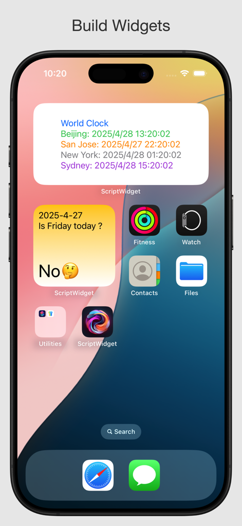Una pantalla de inicio de iPhone mostrando widgets personalizados de reloj mundial y estado creados con ScriptWidget.