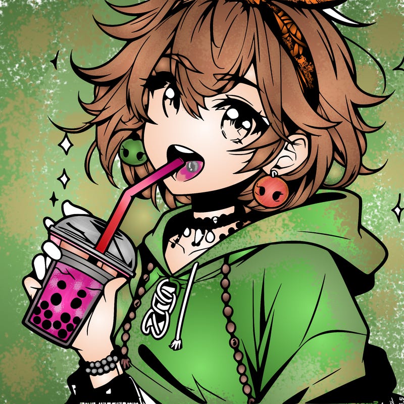 hot baddie anime girl drinking boba and biting the straw
