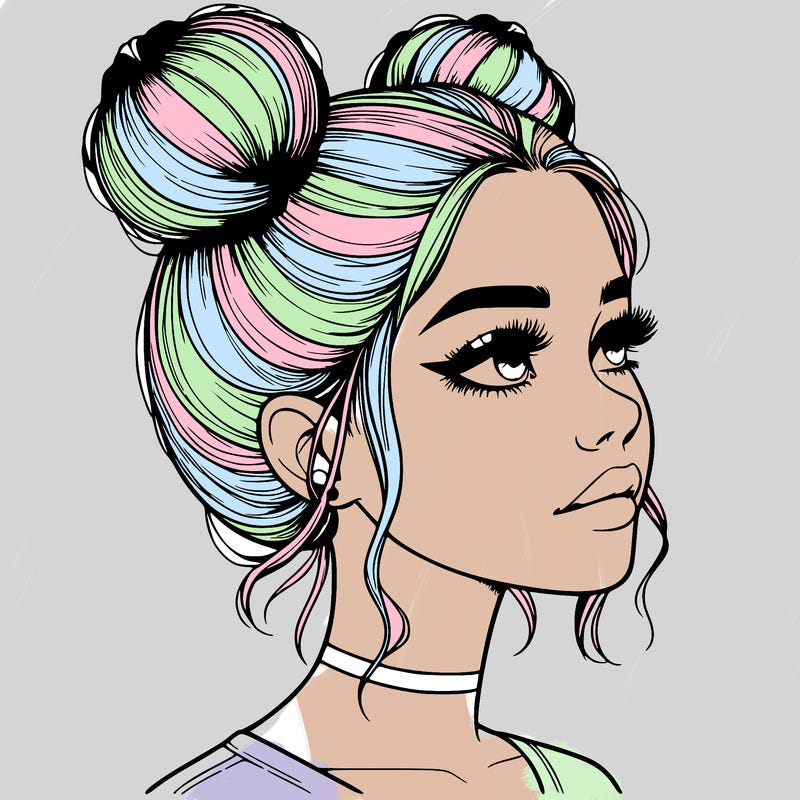 realistic girl with buns on the top of her head