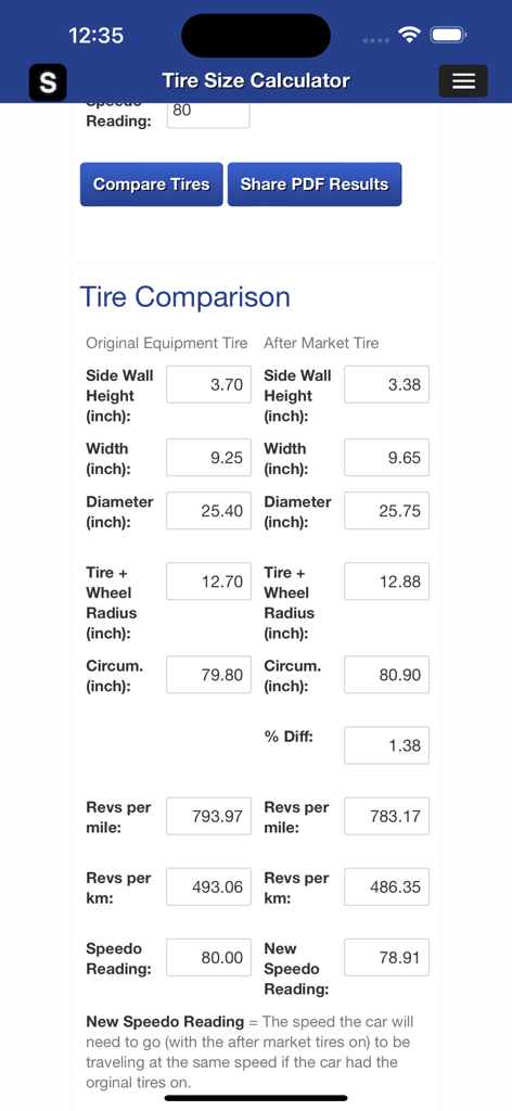 Gear Speed and Tire Size - Tire size comparison screen showing metrics for original and aftermarket tires and speedometer adjustments