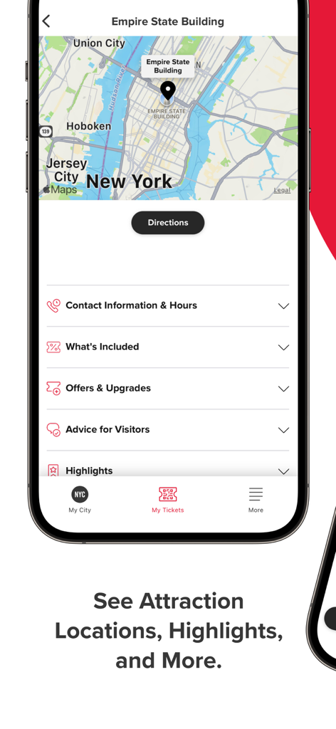 My CityPASS - The My CityPASS app interface displaying a map for the Empire State Building in New York City with sections for highlights and visitor advice