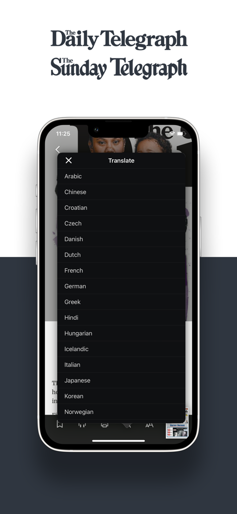 The Telegraph e-paper - A screenshot of The Telegraph e-paper app showing a translation menu with a list of different languages including Arabic Chinese and French