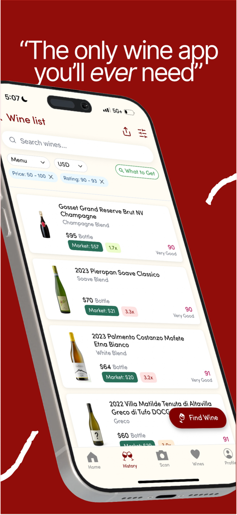 Smartphone screen showing a curated wine list with ratings and market price comparisons in the Wine Find app